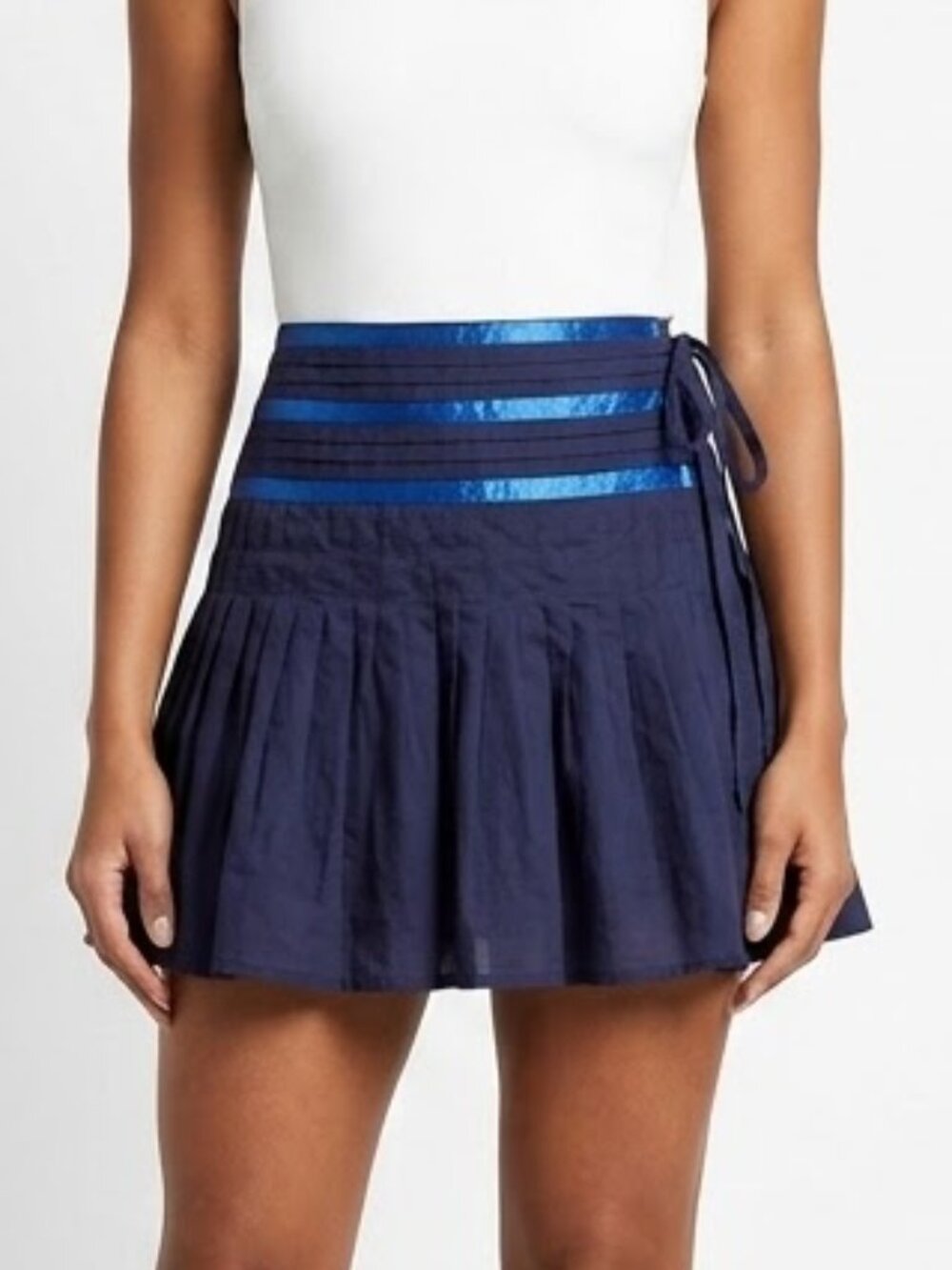 H&M Cyber Y2K Navy Pleated Mini Skirt Electric Blue Satin Ribbon Stripes Sz L